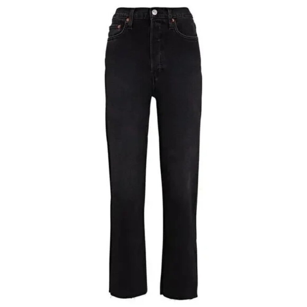 Re/Done Womens‎ 70s Stove Pipe Jeans Button Fly Raw Hem Washed Noir Size 27